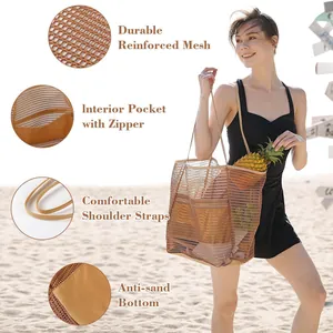 Grand sac de plage en maille avec sangles renforcées et fond anti-sable pour l'été