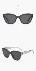 Detailed front and side views of children's cat-eye sunglasses in transparent grey