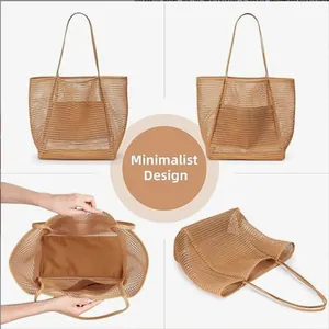 Grand sac de plage en maille marron au design minimaliste et une poche intérieure pratique