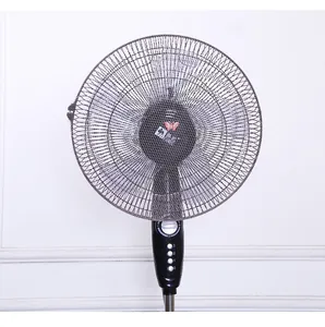 Detailed view of a black mesh safety fan cover installed on a household pedestal fan