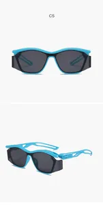 Detail view of blue sporty children's sunglasses with hollow temples and wrap-around design