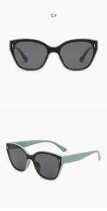 Two views of mint green cat-eye kids sunglasses with black frames and gray lenses