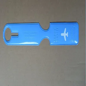 Close-up of blue rectangular luggage tag with Happy Flight text and airplane icon.