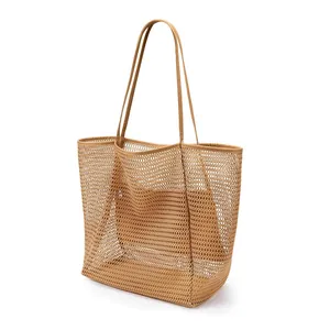 Grand sac de plage en maille marron sable pour la natation et le rangement estival