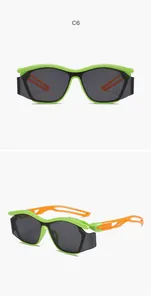 Front and side views of lime green sports sunglasses for kids with orange temples