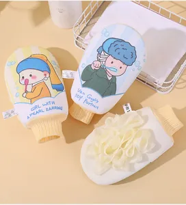 Artistic bath scrubbing gloves with cartoon prints and exfoliating mesh lily detail.