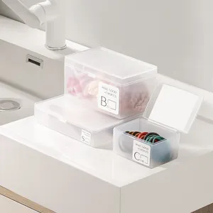 Set of three transparent PP plastic storage boxes for desk and vanity organization.