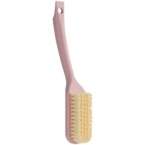 Durable long-handle plastic shoe brush with soft yellow bristles and hanging hole