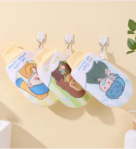 Detail of creative exfoliating bath gloves featuring cartoon famous painting illustrations.