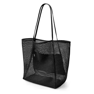Black large capacity mesh beach bag tote, breathable swimming gear organizer for travel