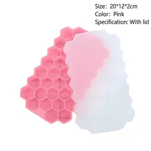 37-cavity pink silicone honeycomb ice cube tray with translucent lid, size 20x12x2cm