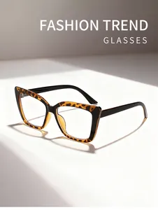 Detail of cat-eye leopard print glasses frame with anti-blue light clear lenses.