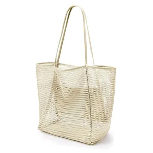High-capacity beige mesh beach tote bag ideal for summer swimming and daily storage