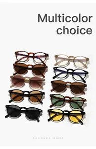Assorted round frame sunglasses and anti-blue light glasses in various colors.
