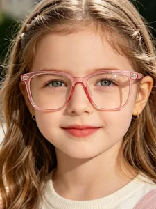 Close-up portrait of a young girl wearing pink square-framed blue light blocking glasses