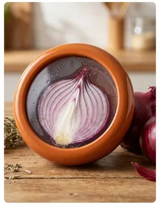 Close-up of an orange onion saver container holding a fresh red onion half on a wooden table.