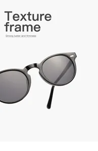 Close-up detail of premium glossy black round frame sunglasses with UV protection.