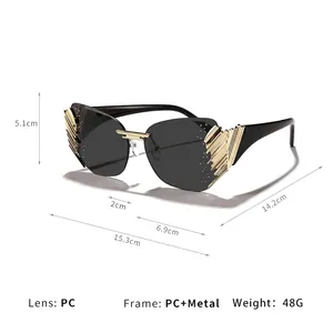Rimless cat-eye sunglasses with gold metal accents and black PC lenses, shown in front view