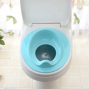 Light blue ergonomic baby potty training toilet seat ring for toddlers on white toilet