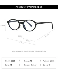 Detailed dimension map for black retro round blue light blocking glasses with PC frame