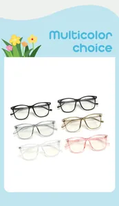 Detail view showing six different color variants of children's square anti-blue light glasses.