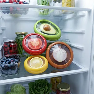 Colorful silicone stretch pods for fresh fruit and vegetable storage in refrigerator