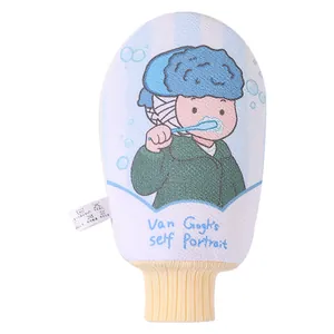 Thick exfoliating bath mitt featuring creative cartoon Van Gogh self-portrait design