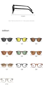 Detail view of round frame sunglasses showing 13.8cm width and 10 color variations.