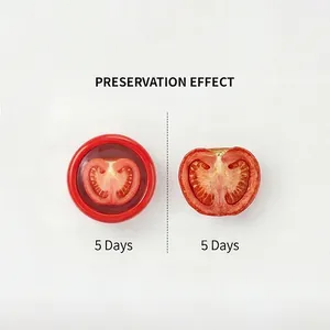 Food-grade fruit and vegetable preservation box showing tomato freshness after 5 days.