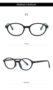 Detailed front and 45-degree side views of black retro oval frame glasses for men and women