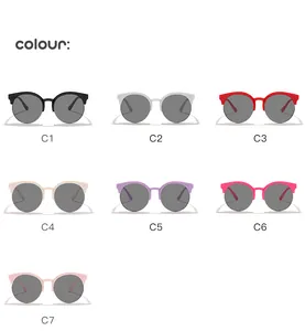 Detailansicht der runden Halbrahmen-Sonnenbrille für Kinder in sieben Farben.