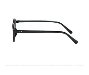 Side profile view of retro black oval frame blue light blocking glasses with rivet detail