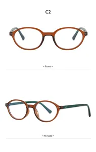 Detail of retro oval glasses with brown frame and dark green temples in two perspectives.