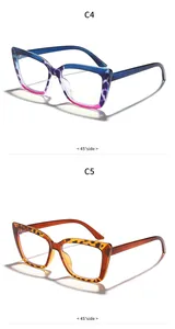Detailed view of stylish large frame cat-eye glasses for women in diverse colors.