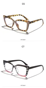 Detail view of stylish square cat-eye glasses frames in tortoiseshell and color-block patterns