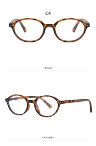 Detailed front and 45-degree side views of retro tortoiseshell oval frame glasses