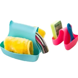 Durable flexible saddle-style sink sponge holder for kitchen faucet drainage and storage