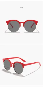 Detaillierte Vorder- und Seitenansicht der roten Halbrand-Sonnenbrille für Kinder.