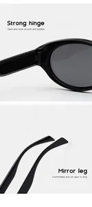 Detail view of strong hinge and comfortable temples of kids cat-eye sunglasses.
