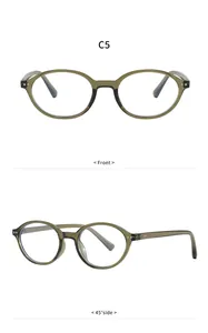 Front and 45-degree side views of retro olive green oval frame anti-blue light glasses