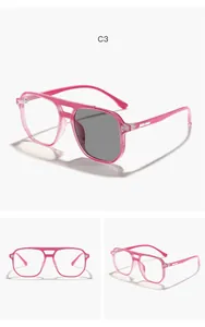 Detailed views showing kids candy pink aviator photochromic anti-blue light glasses design.