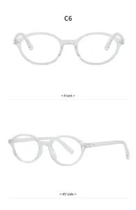 Detailed view of transparent retro oval glasses frames from front and side angles