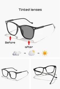 Detail view showing photochromic lens transition on kids' black square frame glasses.