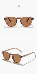 Detailed front and side views of round brown frame sunglasses with UV protection