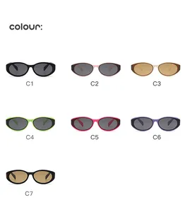 Displaying seven vibrant color options for kids cat-eye sunglasses with UV protection