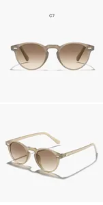 Detailed view of round translucent sunglasses with gradient lenses from multiple angles.