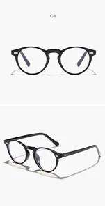 Classic black round frame glasses with blue light blocking lenses shown from two angles