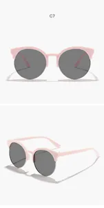 Detaillierte Vorder- und Seitenansicht der runden rosa Halbrand-Kinder-Sonnenbrille