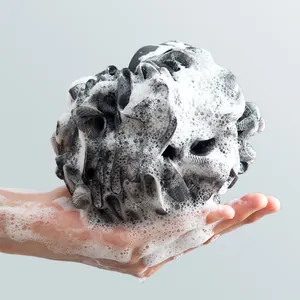 Large men's grey mesh bath loofah sponge producing rich white soap lather for skin cleaning