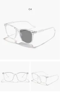 Detailed view of children's square photochromic blue light blocking glasses in transparent frame